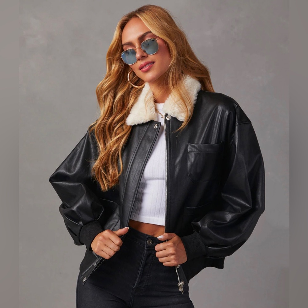 Black Shearling Bomber Jacket Size XS